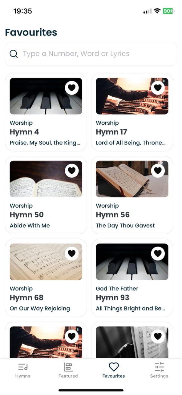 Favorites screen showing saved hymns
